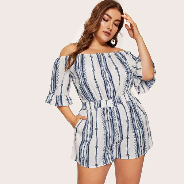 

Plus Bardot Tribal Print Flounce Sleeve Romper, Multicolor