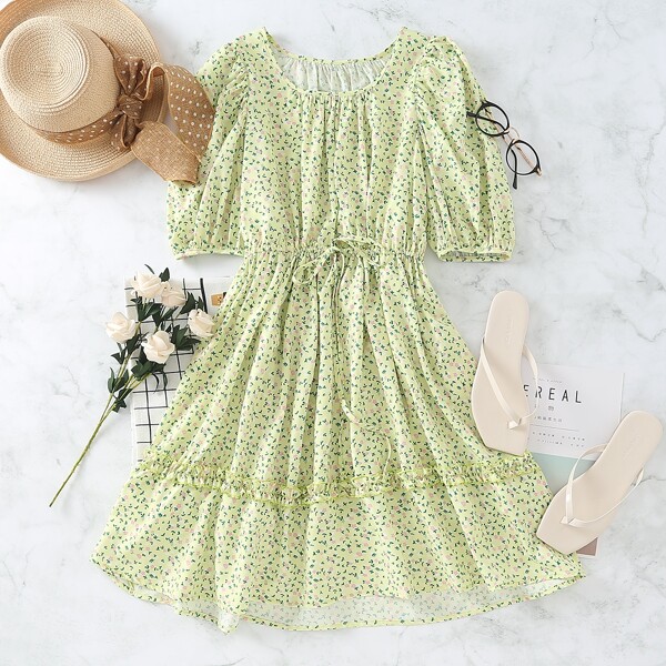 

Ditsy Floral Frill Drawstring A-Line Dress, Lime green
