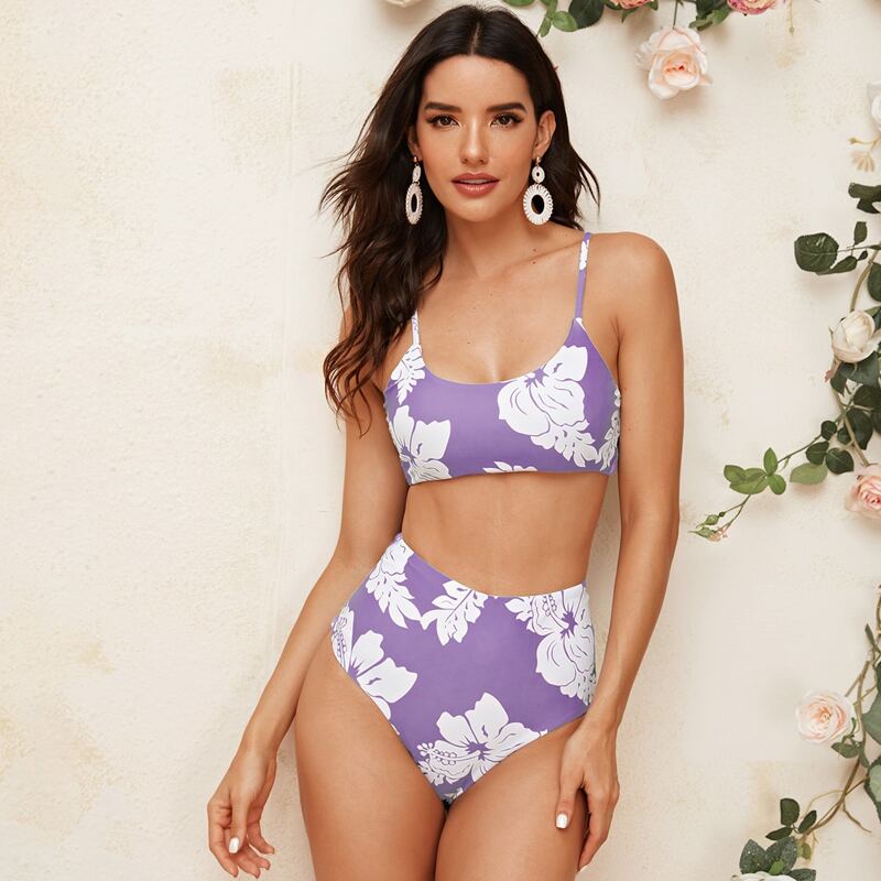 

Random Floral High Waisted Bikini Swimsuit, Pastel lilac purple
