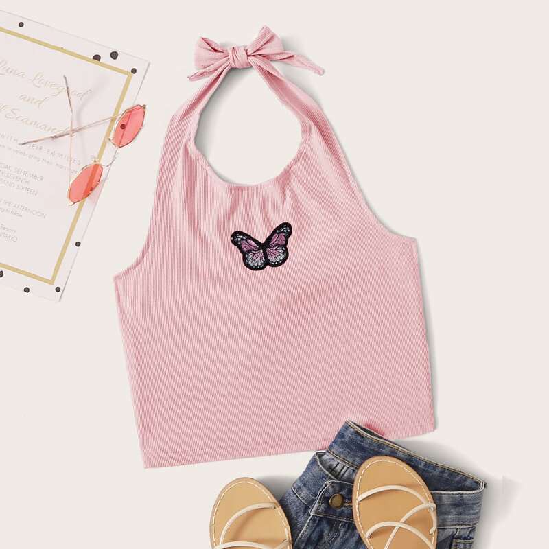 

Butterfly Embroidery Halter Top, Baby pink