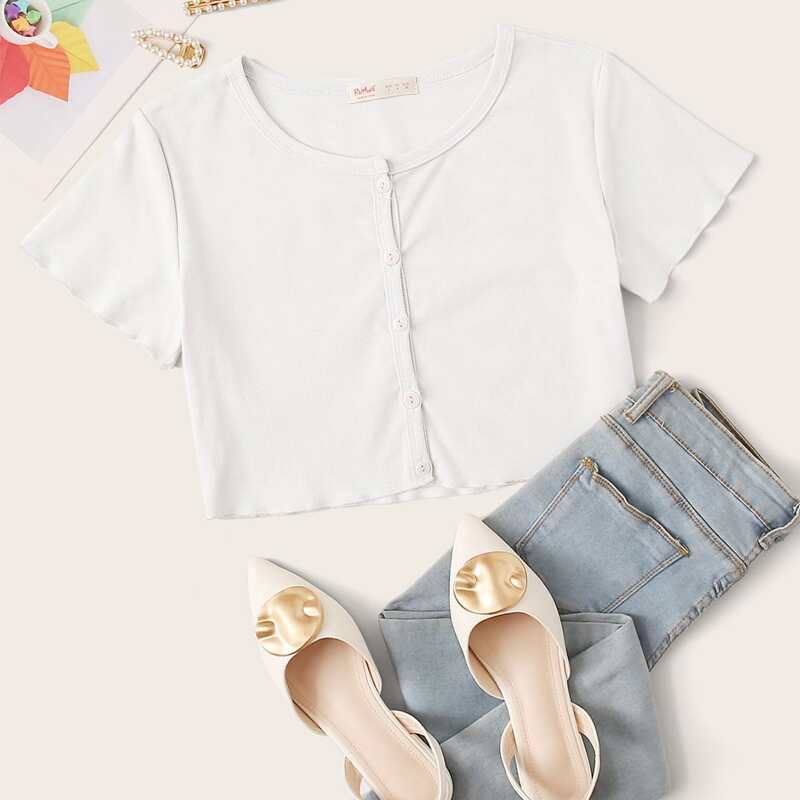 

Button Front Crop Top, White