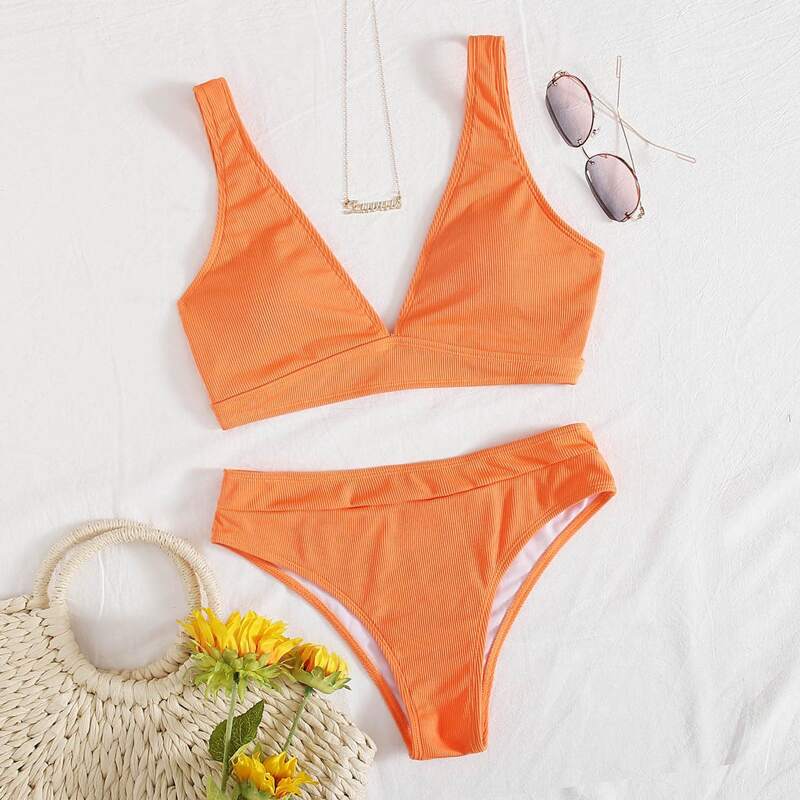 

Ribbed V Neck Bikini Swimsuit, Orange
