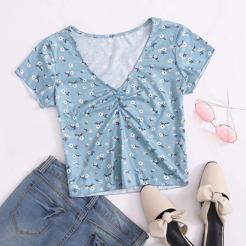 

Ditsy Floral Ruched Tee, Blue
