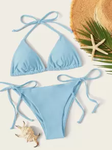 Conjunto de bikini Halter Triangle Tie Side para playa de verano - Celeste - View 1