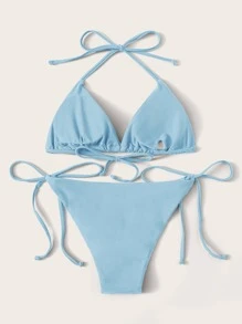 Conjunto de bikini Halter Triangle Tie Side para playa de verano - Celeste - View 2