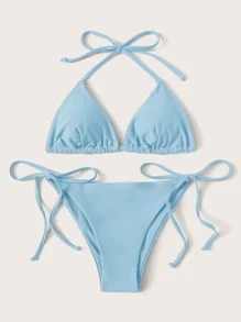Conjunto de bikini Halter Triangle Tie Side para playa de verano - Celeste - View 3