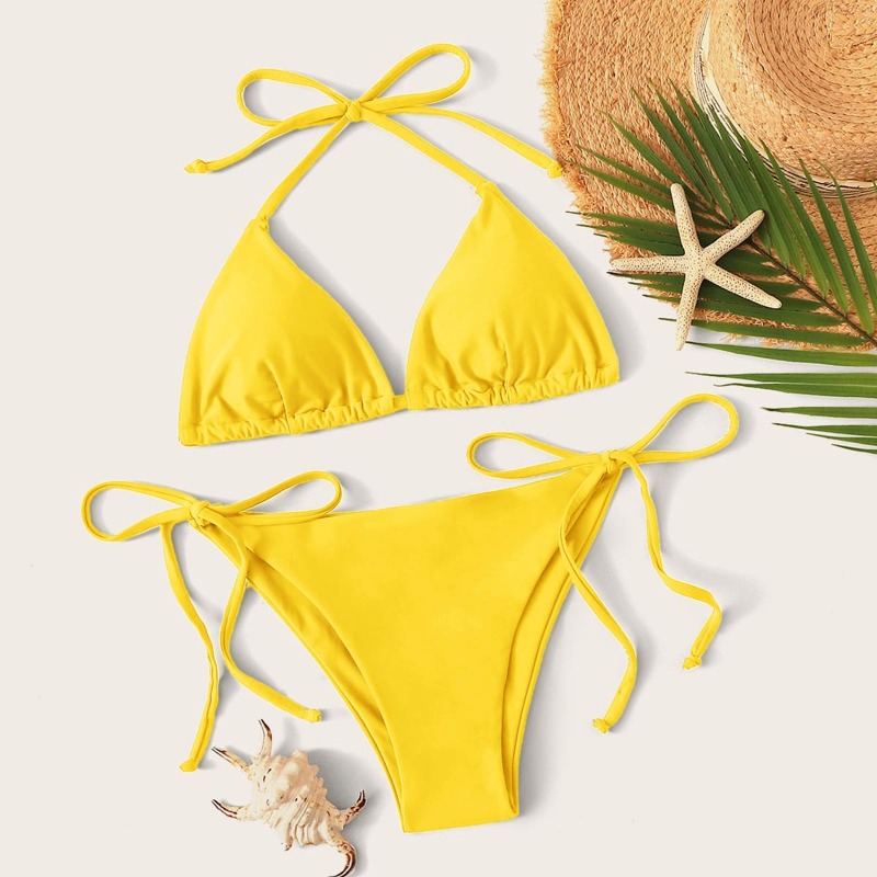 

Halter Triangle Tie Side Bikini Swimsuit, Yellow bright