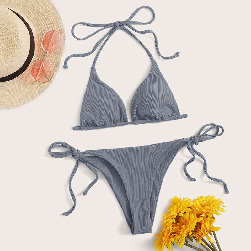 

Ribbed Halter Triangle Tie Side Bikini Swimsuit, Grey