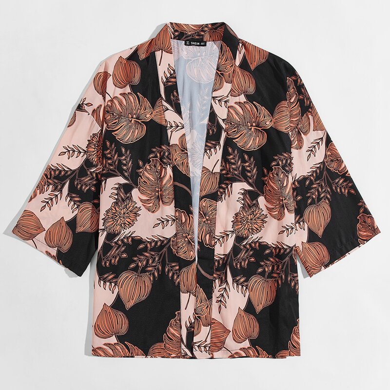 

Guys Drop Shoulder Open Front Tropical Print Shirt, Multicolor