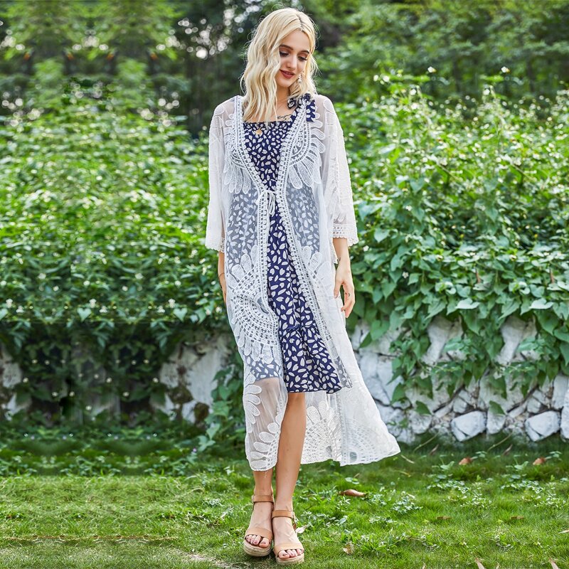 

Embroidery Mesh Knot Detail Longline Kimono, White