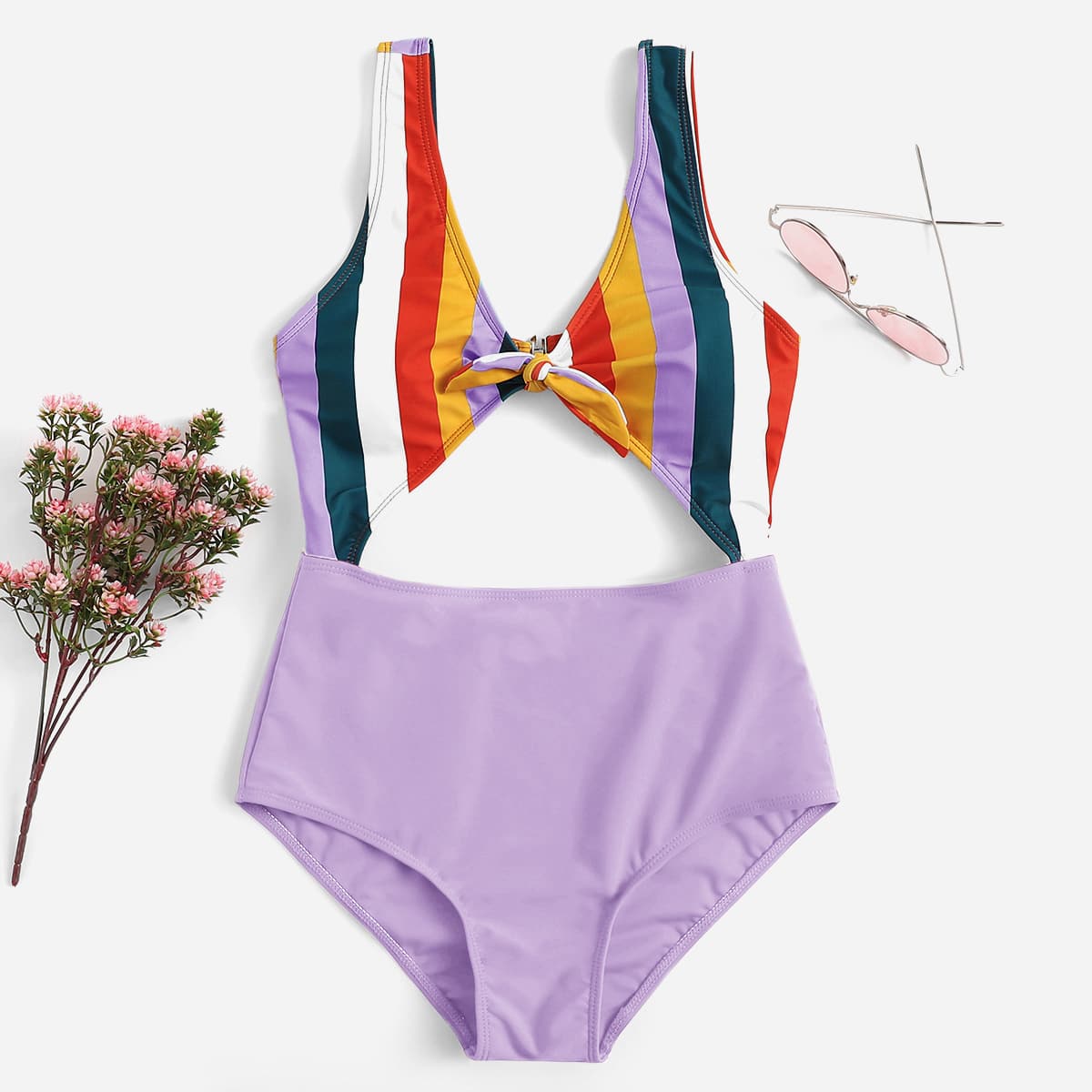 

Striped Cut-out Knot Front One Piece Swimsuit, Multicolor