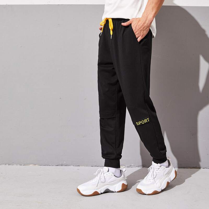 

Guys Flap Detail Letter Embroidery Sweatpants, Black