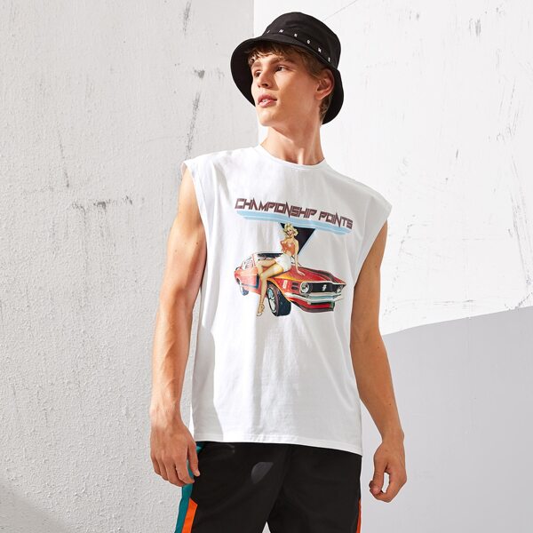 

Men Figure and Car Print Tank Top, White