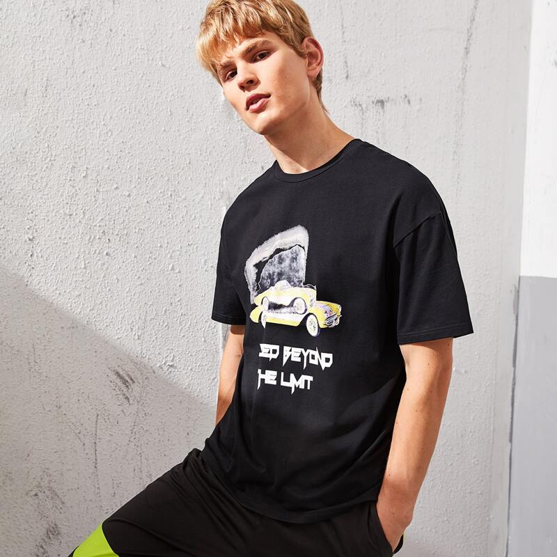 

Guys Drop Shoulder Slogan and Car Print Top, Black