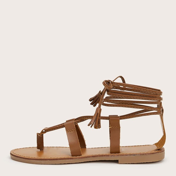 

Toe Post Cross Strap Tie Leg Sandals, Brown