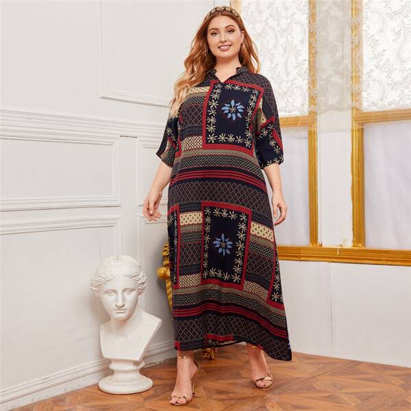 

Plus Notch Neck Aztec Print Dress, Multicolor