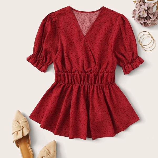 

Plus All Over Print Surplice Neck Blouse, Burgundy