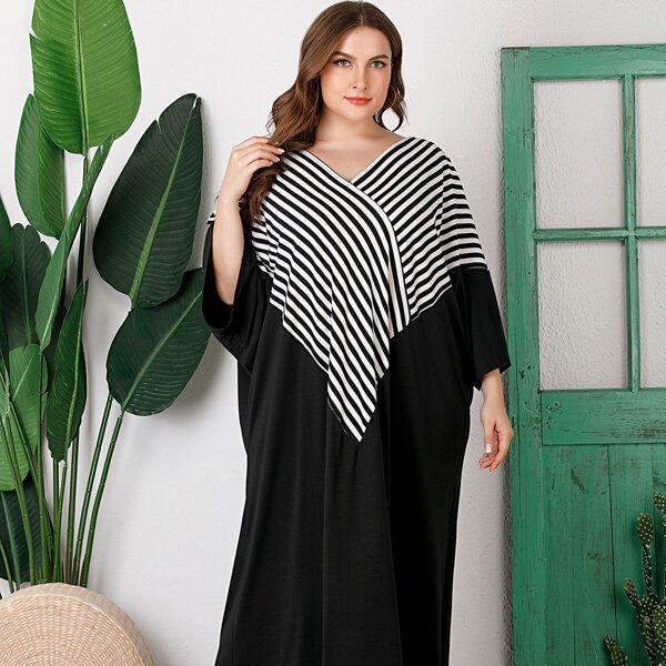 

Plus Striped Spliced Cocoon Dress, Black and white
