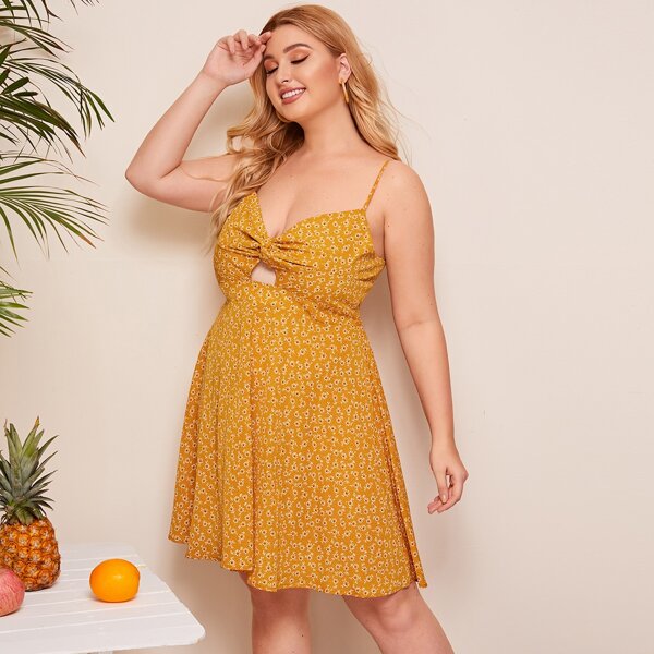

Plus Cut Out Twist Front Tie Back Ditsy Floral Slip Dress, Mustard yellow