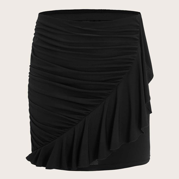 

Plus Ruched Ruffle Trim Skirt, Black