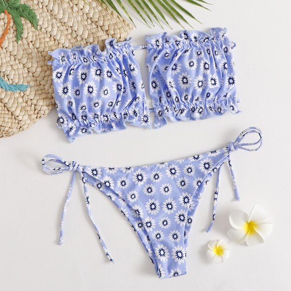

Floral Frill Bikini Swimsuit, Blue
