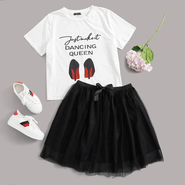 

Plus Letter and High-heeled Shoes Top & Mesh Skirt Set, Black and white