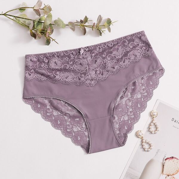 

Plus Contrast Lace Scalloped Trim Panty, Mauve purple