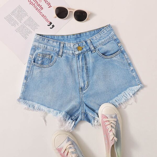 

Embroidery Pockets Raw Hem Denim Shorts, Light wash