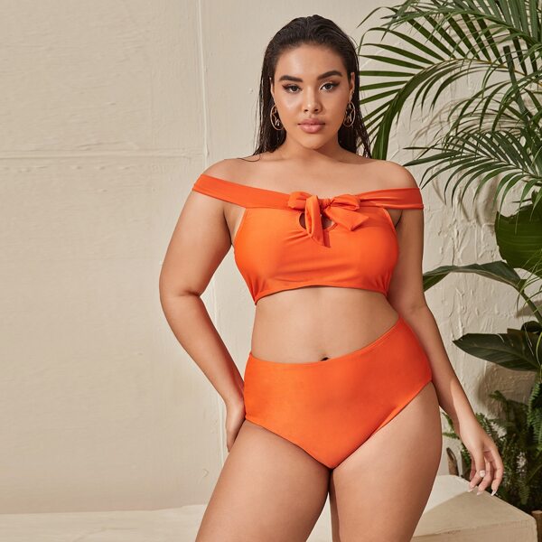 

Plus Knot Front Bardot High Waisted Bikini Swimsuit, Orange bright