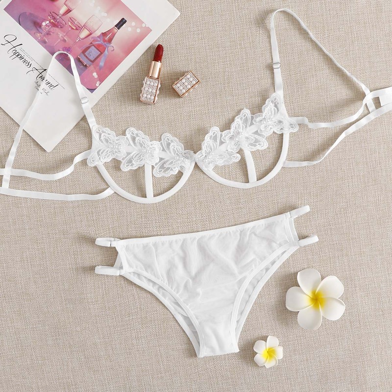 

Appliques Cut-out Underwire Lingerie Set, White