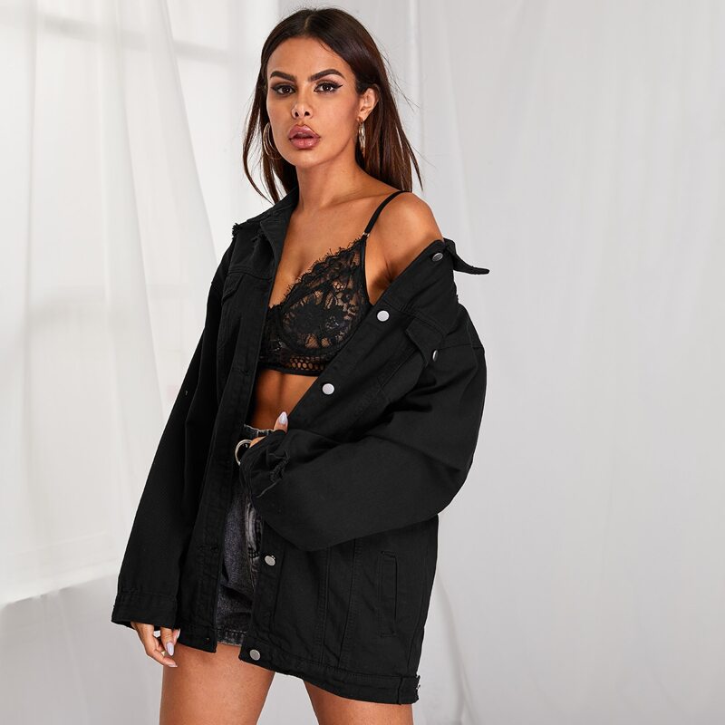 

Solid Ripped Oversized Denim Jacket, Black
