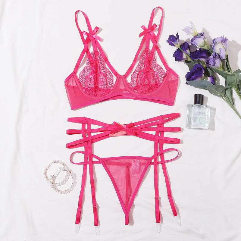 

Lace Bow Decor Harness Underwire Garter Lingerie Set, Hot pink bright
