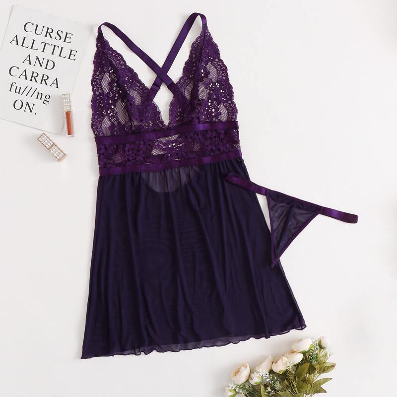 

Contrast Lace Cross Back Dress With Thong, Purple