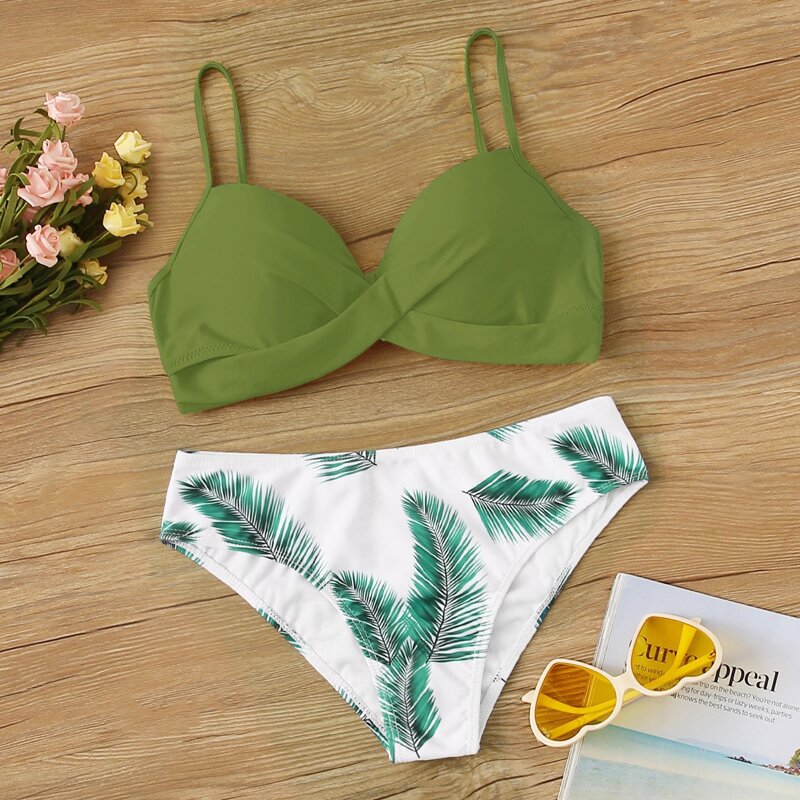 

Palm Print Bikini Swimsuit, Multicolor