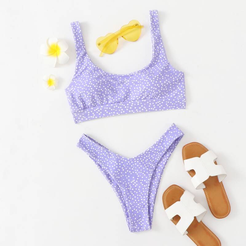 

Polka Dot High Cut Bikini Swimsuit, Lilac purple