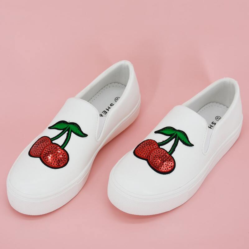 

Cherry Embroidered Slip On Sneakers, White