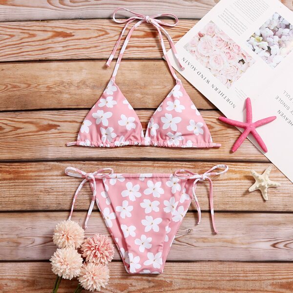 

Floral Tie Side Bikini Swimsuit, Pastel coral pink
