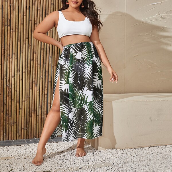 

2pack Plus Leaf Print Split Swimsuit, Multicolor