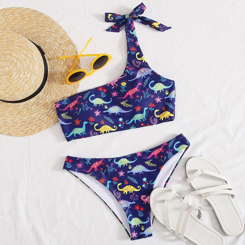 

Random Cartoon Graphic One Shoulder Bikini Swimsuit, Multicolor