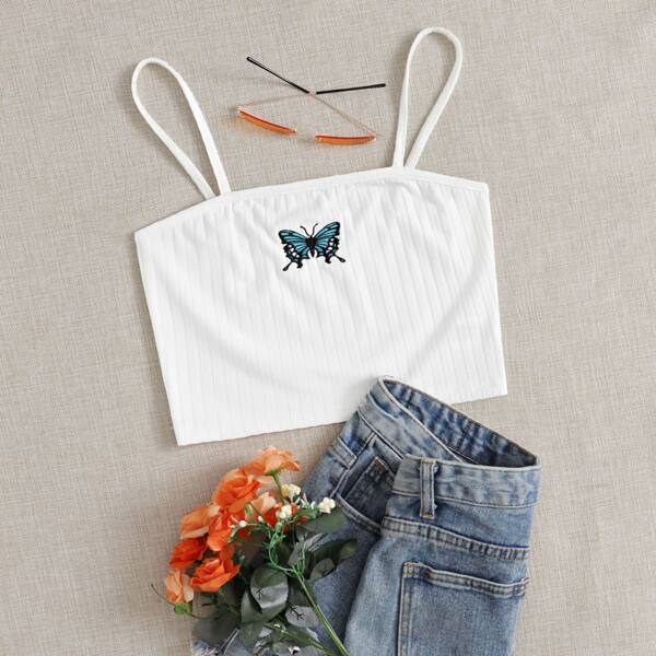 

Butterfly Embroidery Rib-knit Crop Cami Top, White