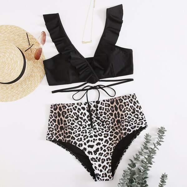 

Plus Leopard Ruffle Trim High Waisted Bikini Swimsuit, Multicolor