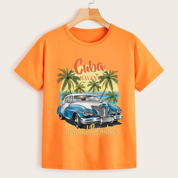 

Letter & Tropical Print Round Neck Tee, Orange
