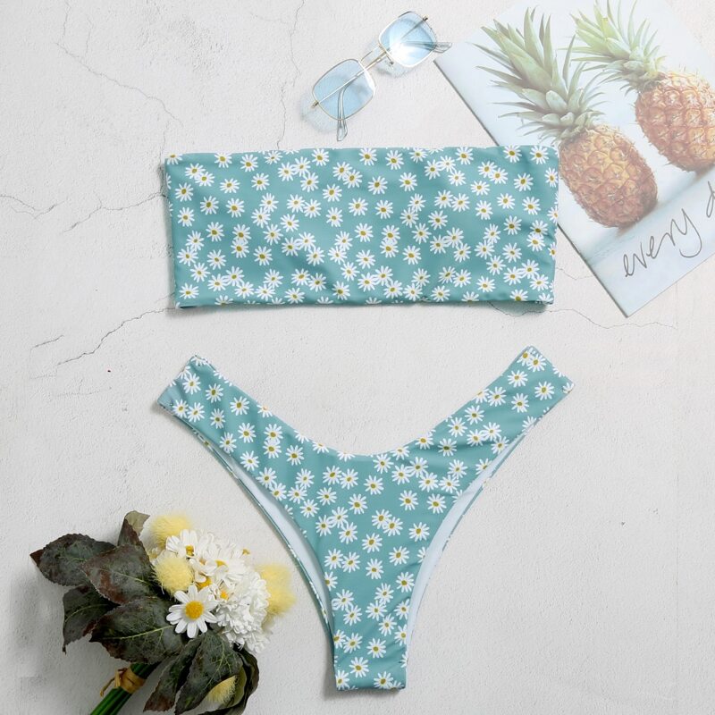 

Daisy Floral High Cut Bikini Swimsuit, Mint blue
