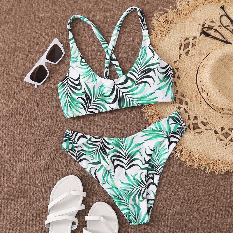 

Leaf Print Tie Back Bikini Swimsuit, Green