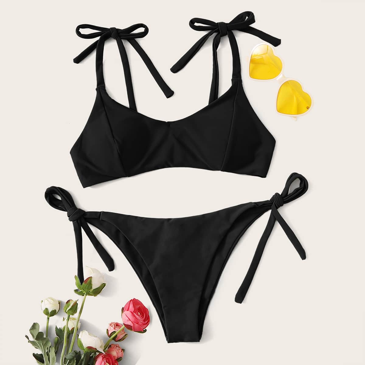 

Tie Shoulder Tie Side Bikini Swimsuit, Black