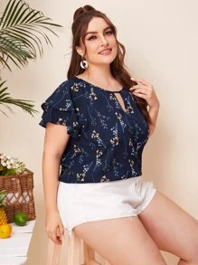 SHEIN VCAY Plus Butterfly Sleeve Keyhole Neck Floral Top - Navy Blue - View 1