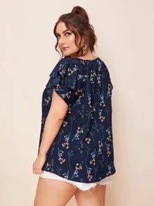 SHEIN VCAY Plus Butterfly Sleeve Keyhole Neck Floral Top - Navy Blue - View 2