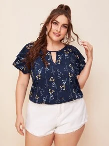 SHEIN VCAY Plus Butterfly Sleeve Keyhole Neck Floral Top - Navy Blue - View 4