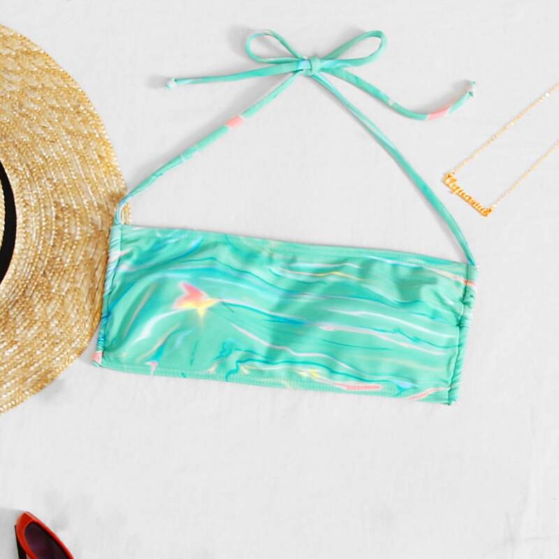 

Aurora Print Tie Back Bikini Top, Mint green