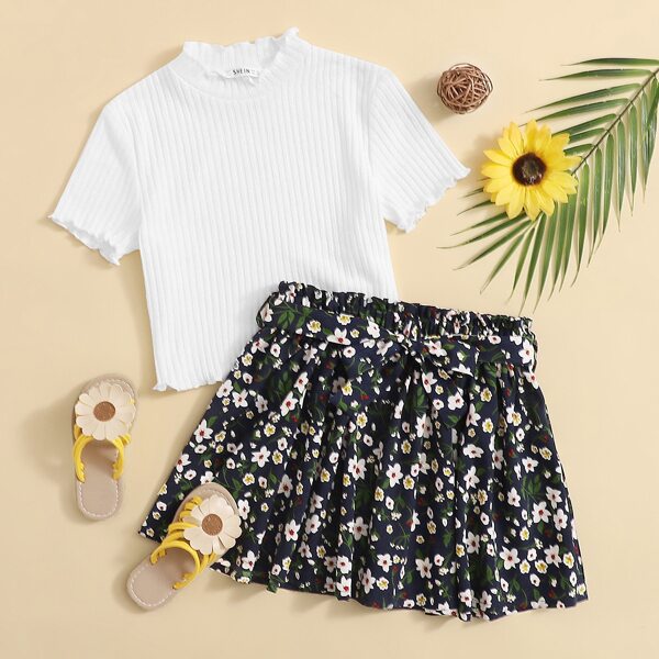 

Girls Lettuce Trim Rib-knit Top & Paperbag Waist Floral Skirt Set, Multicolor